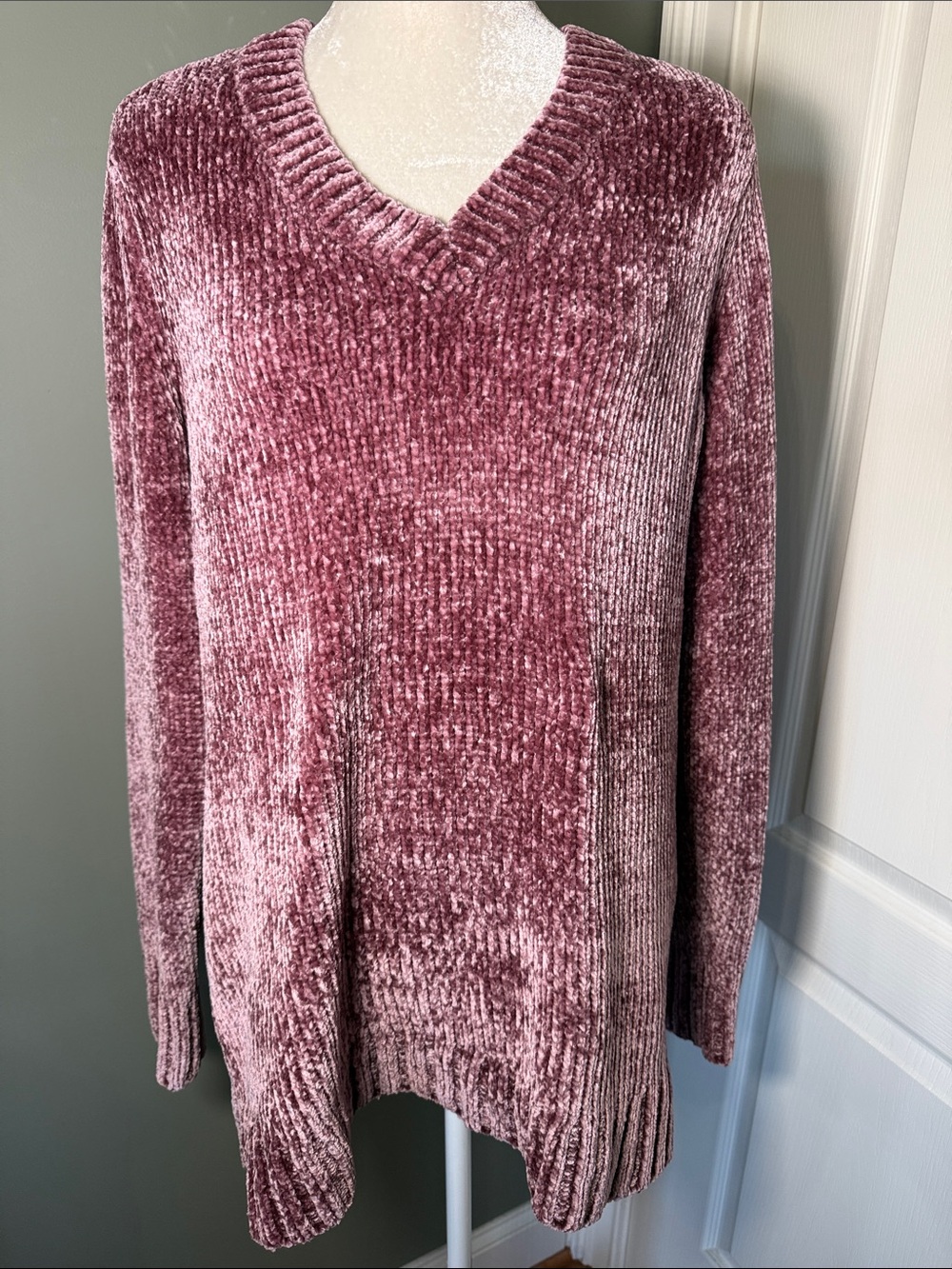 ORVIS Chenille V-Neck Sweater Women’s L/G Mauve Pink Tunic Pullover